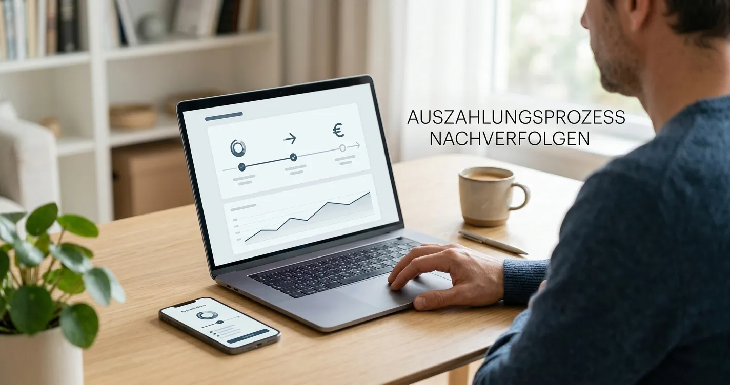 Person verfolgt eine Auszahlung auf Laptop und Smartphone ohne Markenlogos