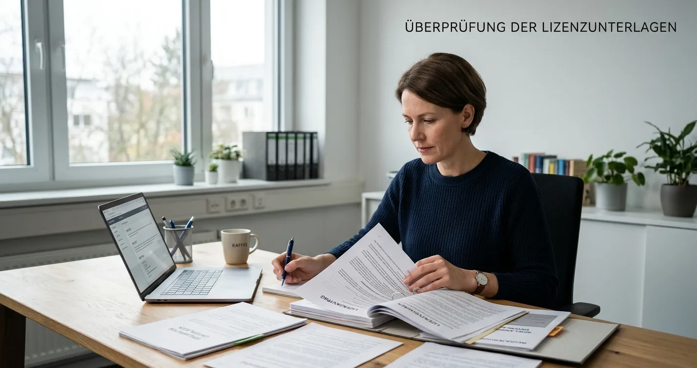 Person prüft neutrale Anbieter- und Lizenzunterlagen am Laptop