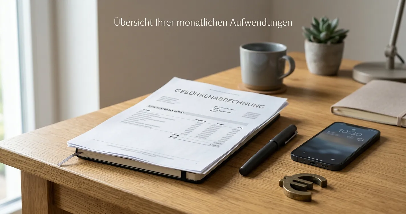 Aufgeräumter Schreibtisch mit Gebührenübersicht und Euro-Symbol