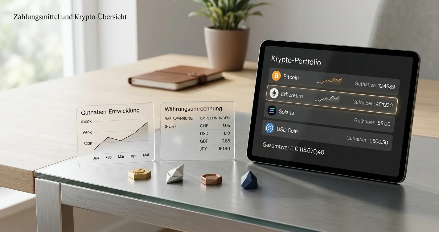 Neutrale Darstellung einer Krypto-Wallet neben einem unbeschrifteten Spielkonto