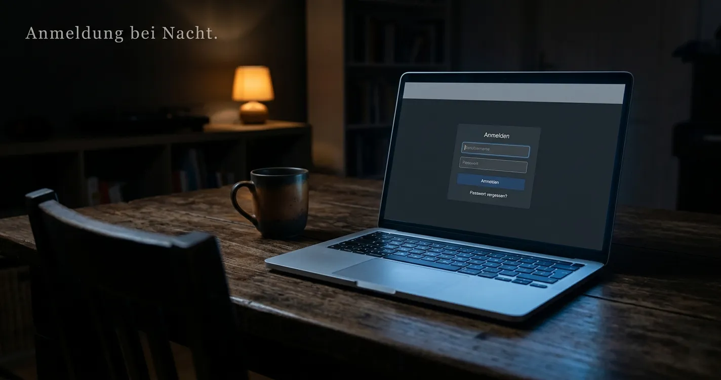 Laptop mit neutraler Anmeldemaske und abgewiesenem Zugang am Abend
