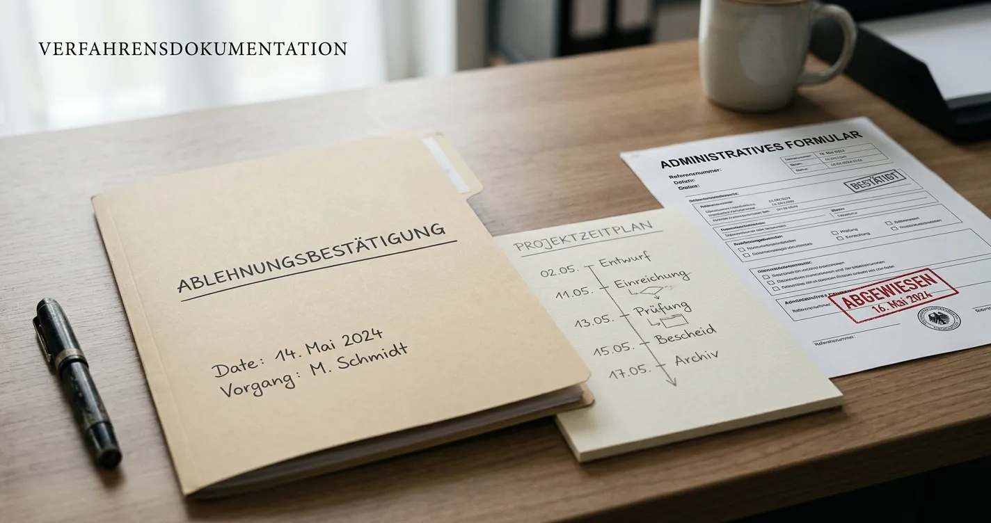 Ordner mit Sperrbestätigung und handschriftlicher Fristnotiz auf einem ruhigen Schreibtisch