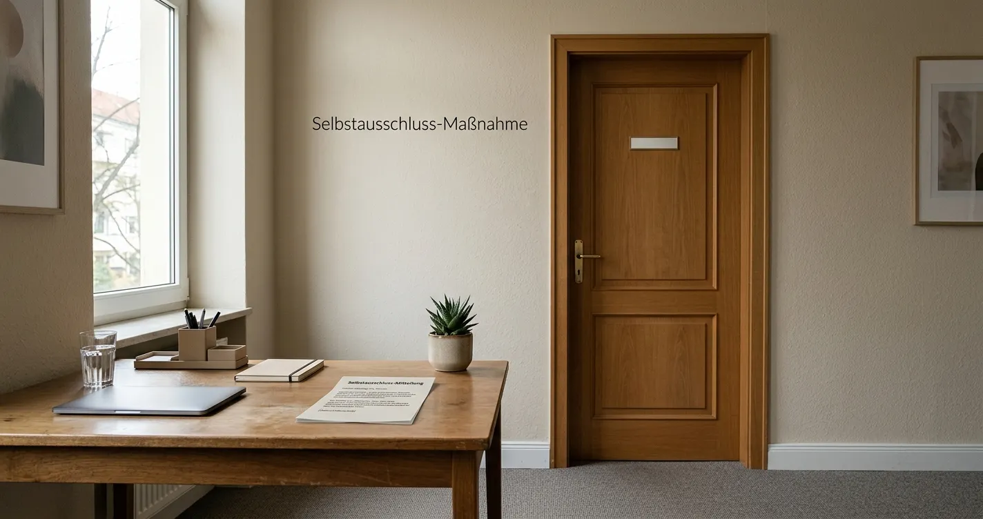 Geschlossene Tür und neutrales Sperrhinweis-Dokument in ruhiger Umgebung