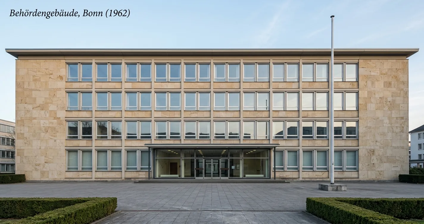 Verwaltungsgebäude einer deutschen Behörde mit Eingangsbereich am Morgen