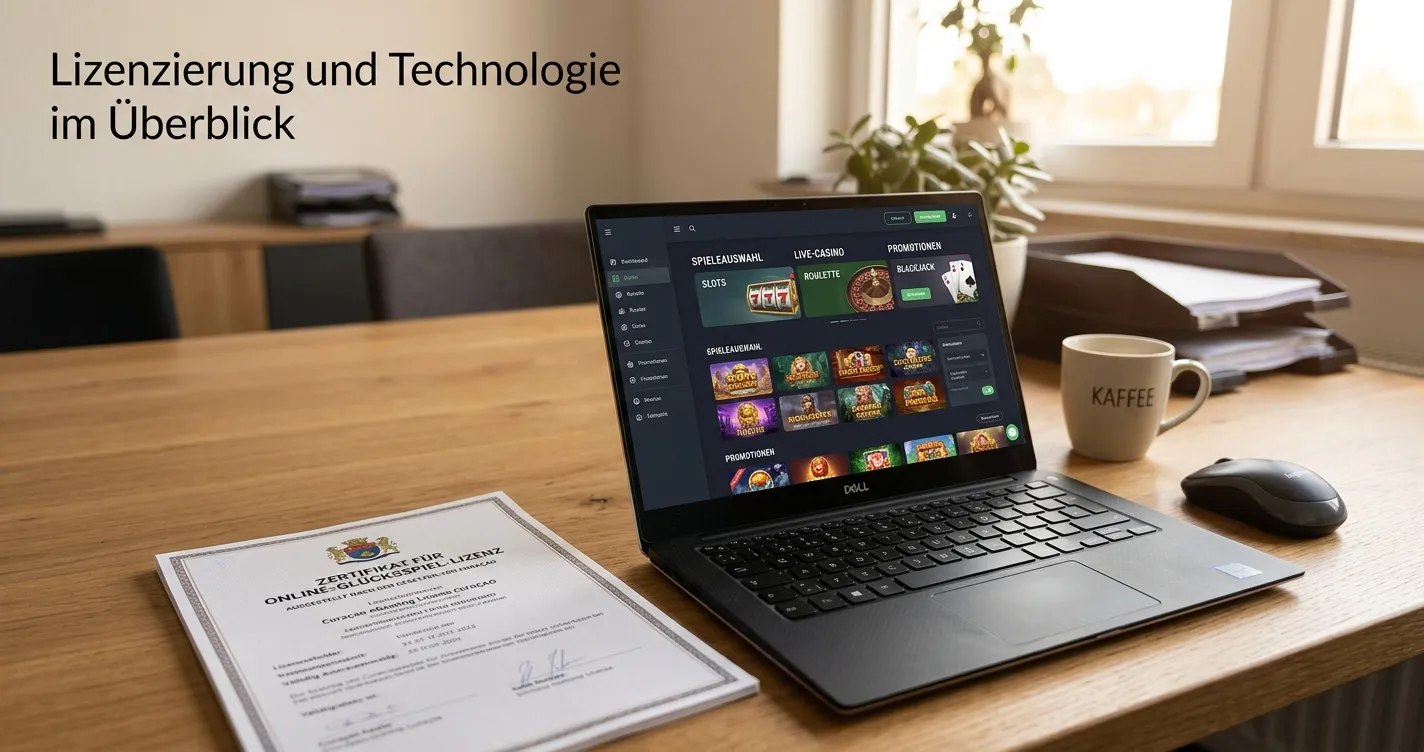 Curaçao-Lizenzdokument neben Laptop mit internationalem Casino-Interface