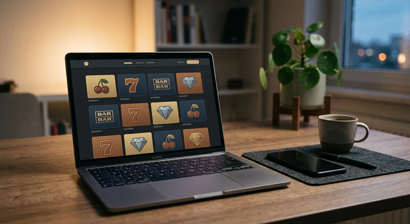 Laptop mit Offshore-Casino-Interface auf modernem Schreibtisch