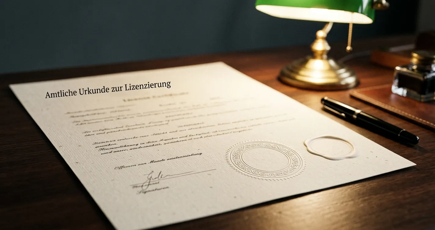 Nahaufnahme eines offiziellen Lizenzdokuments mit geprägtem Siegel