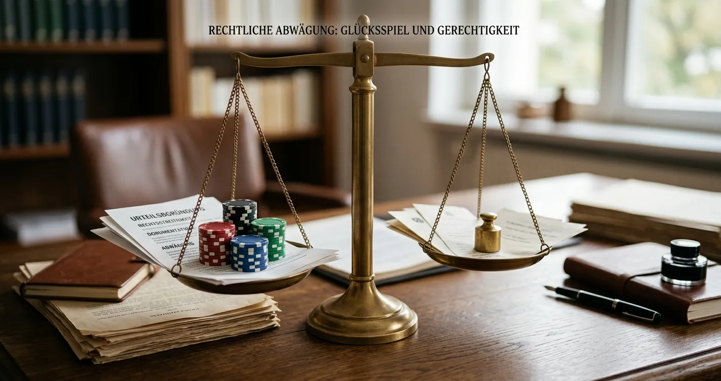 Waage mit Gesetzestexten und Casino-Chips, symbolische Darstellung rechtlicher Grauzone