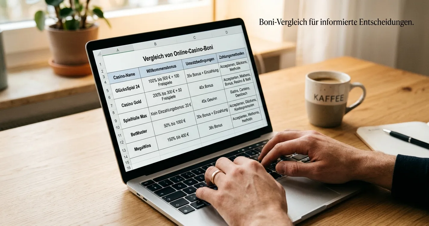 Laptop mit Casino-Vergleichstabelle und Bonusübersicht