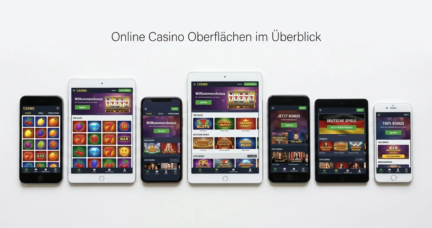 Mehrere Smartphones und Tablets zeigen verschiedene Casino-Interfaces nebeneinander