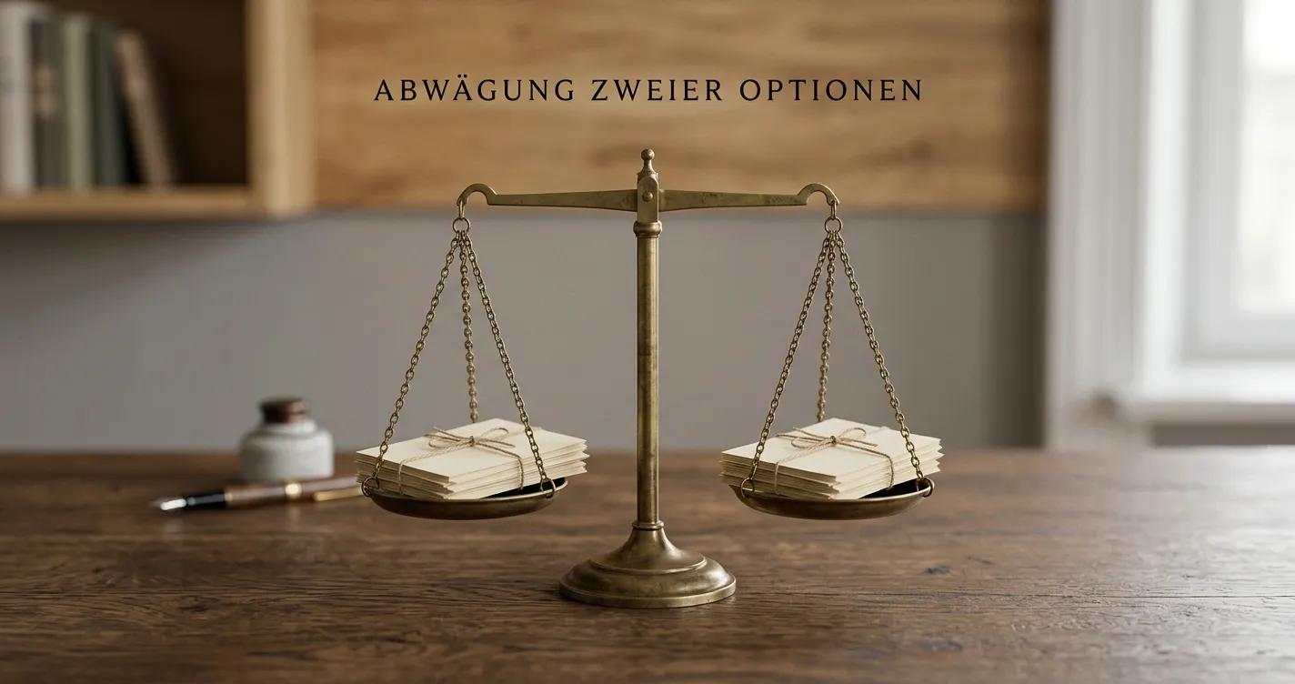 Waage mit zwei Dokumentstapeln als Symbol für Abwägung zwischen zwei Optionen