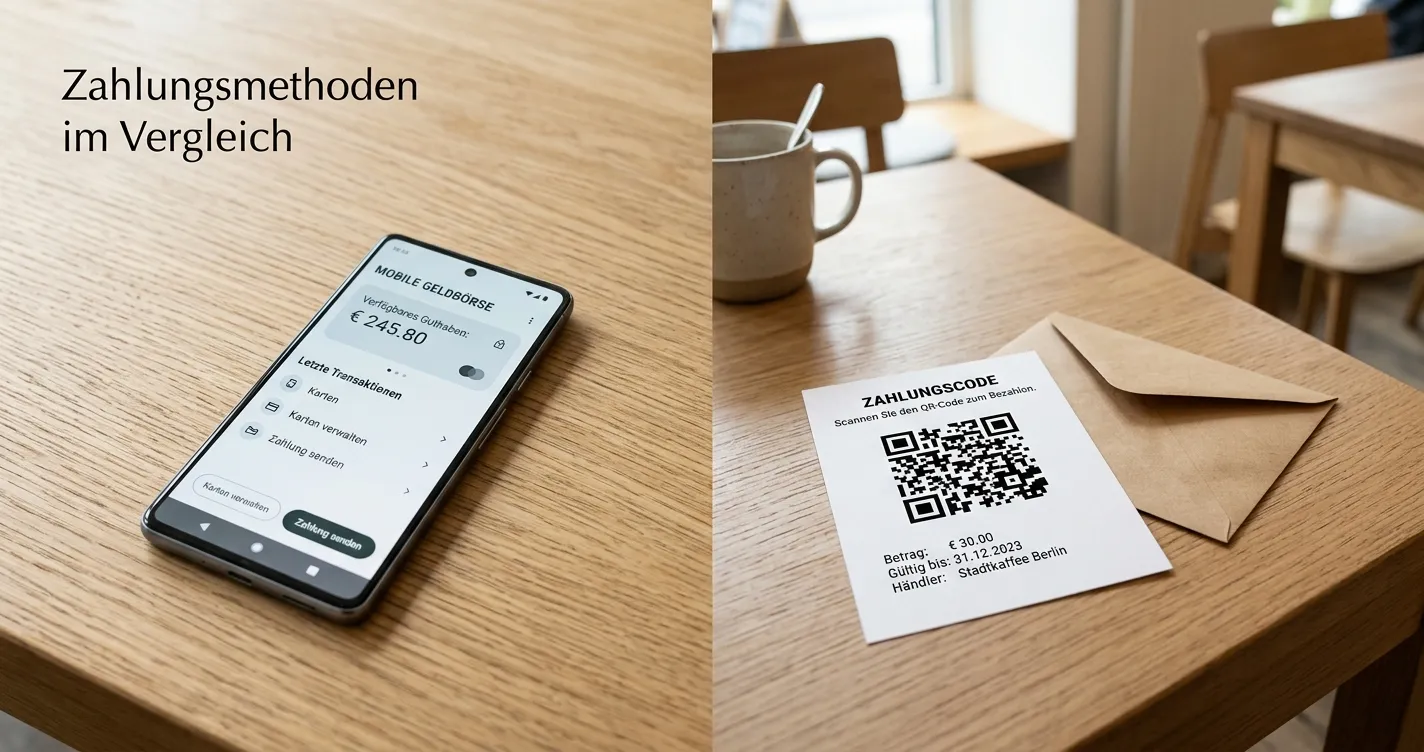 Neutrale Darstellung von Wallet-App und Bargeld-Zahlcode ohne Markenlogos