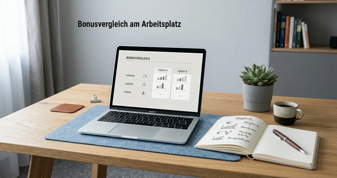 Schreibtisch mit neutralem Bonusdokument und Laptop in deutscher Casino-Umgebung