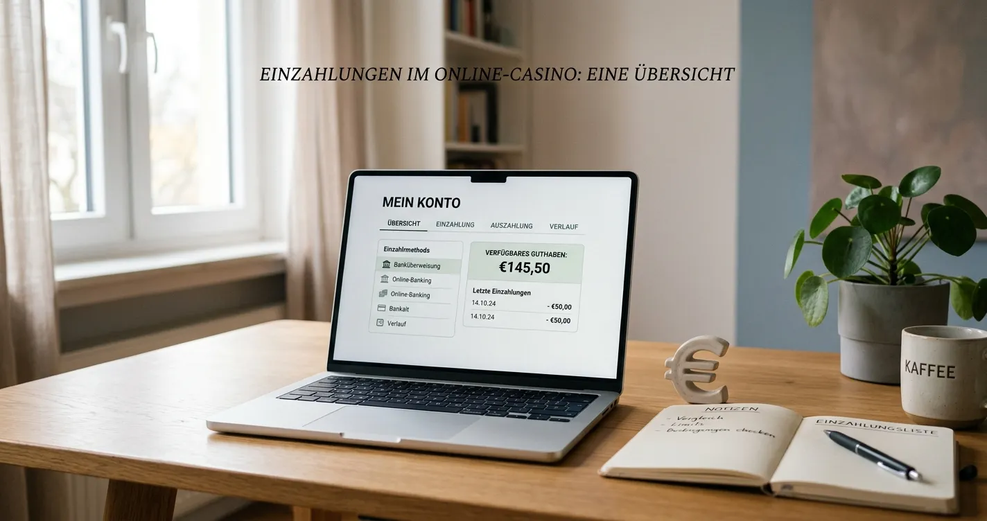 Schreibtisch mit Laptop und neutraler Übersicht zu 20 Euro Casino-Einzahlung
