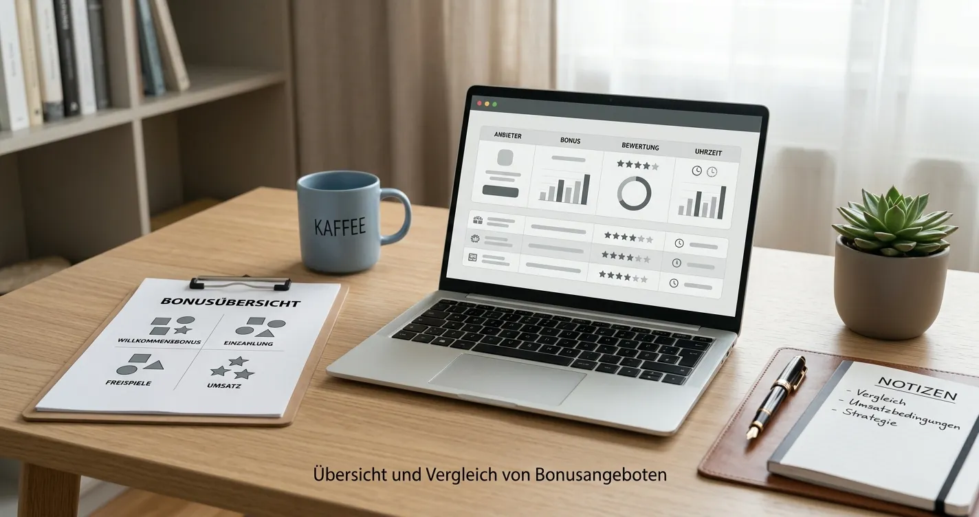 Schreibtisch mit neutralem Casino-Vergleich und vierfachem Bonus-Symbol