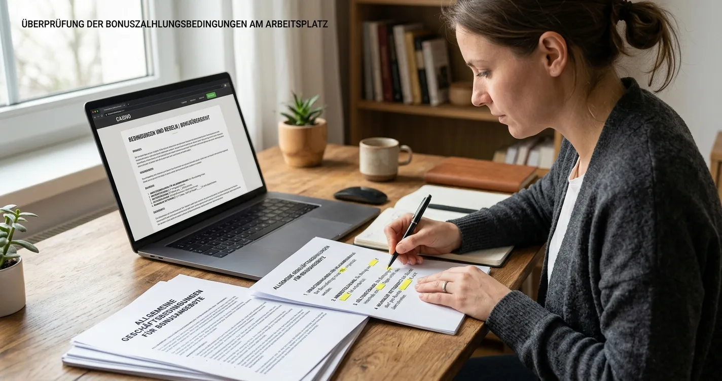Person beim Prüfen von Bonusbedingungen auf Papier und einem neutralen Laptop