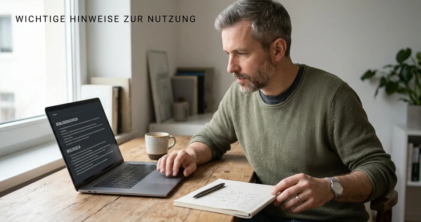 Person prüft Bonusbedingungen und Spielregeln auf einem neutralen Bildschirm
