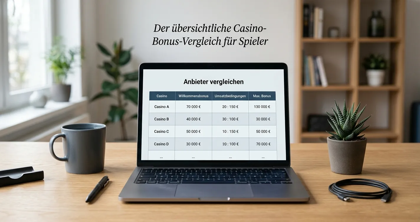 Schreibtisch mit Laptop und neutralem Bonusvergleich für deutsche Online-Casinos
