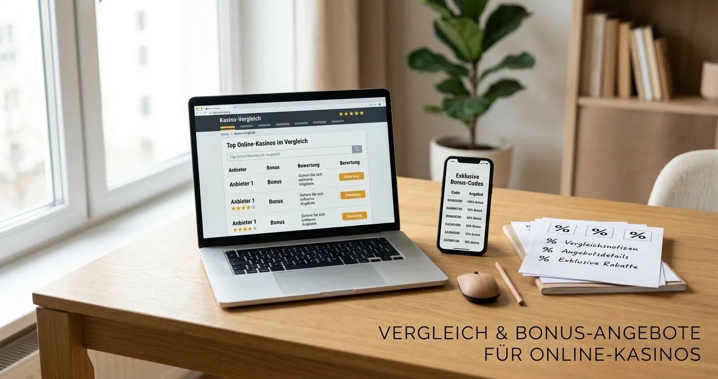 Schreibtisch mit Laptop und offenen Casino-Bonus-Dokumenten neben Smartphone