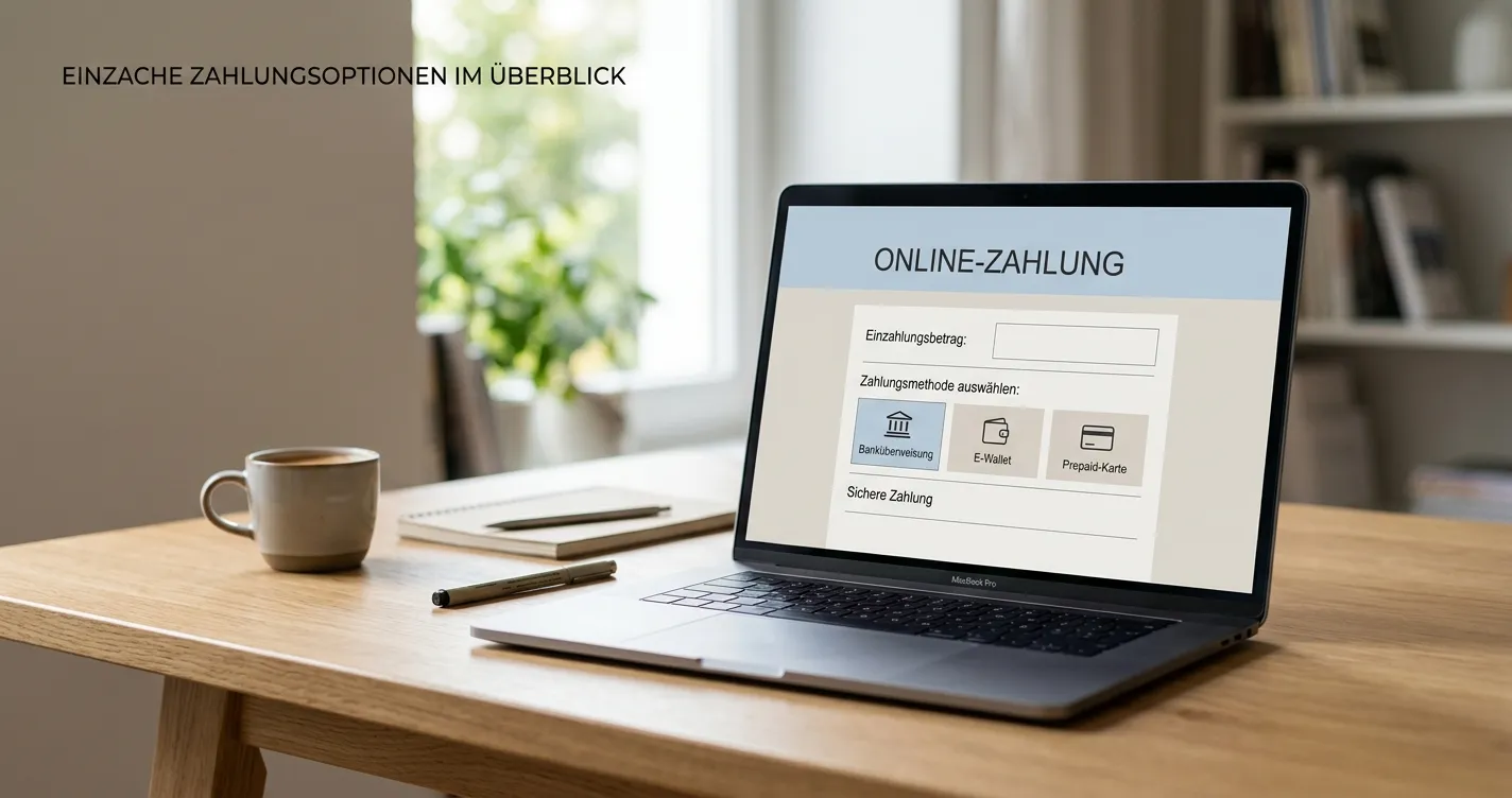 Schreibtisch mit Laptop und neutralem Zahlungsdialog für ein deutsches Online-Casino