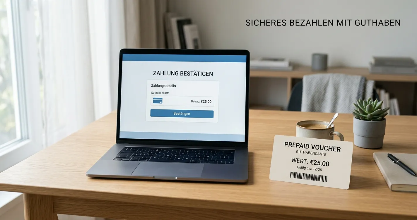 Laptop mit neutraler Zahlungsansicht und Aplauz-Gutschein neben Notizblock