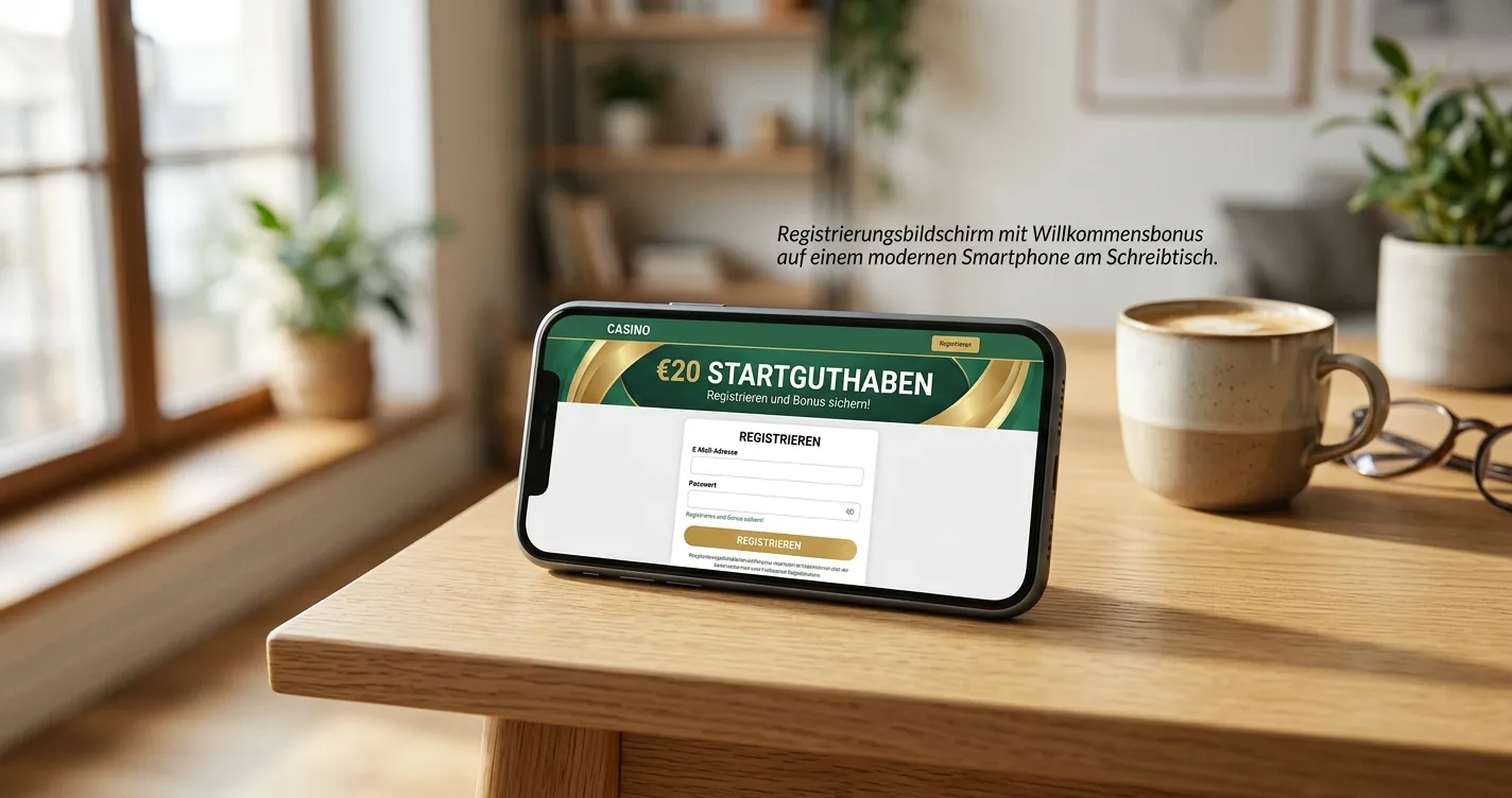 Smartphone mit Casino-Registrierung und Startguthaben-Angebot auf modernem Schreibtisch