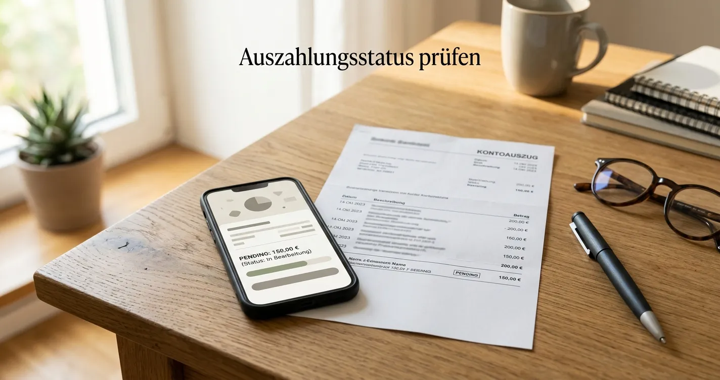Neutrale Auszahlungskontrolle auf einem Smartphone neben einem Bankkontoauszug