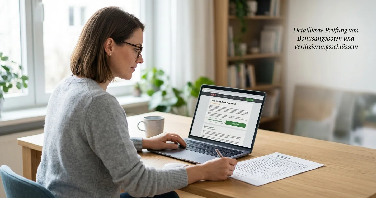 Prüfung eines deutschen Online-Casino-Neukundenbonus am Laptop
