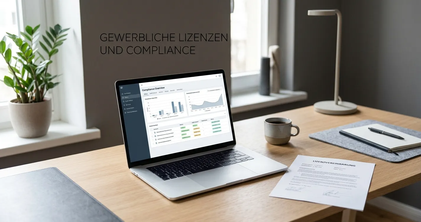 Schreibtisch mit neutralem Lizenzdokument und Laptop im deutschen Glücksspielkontext