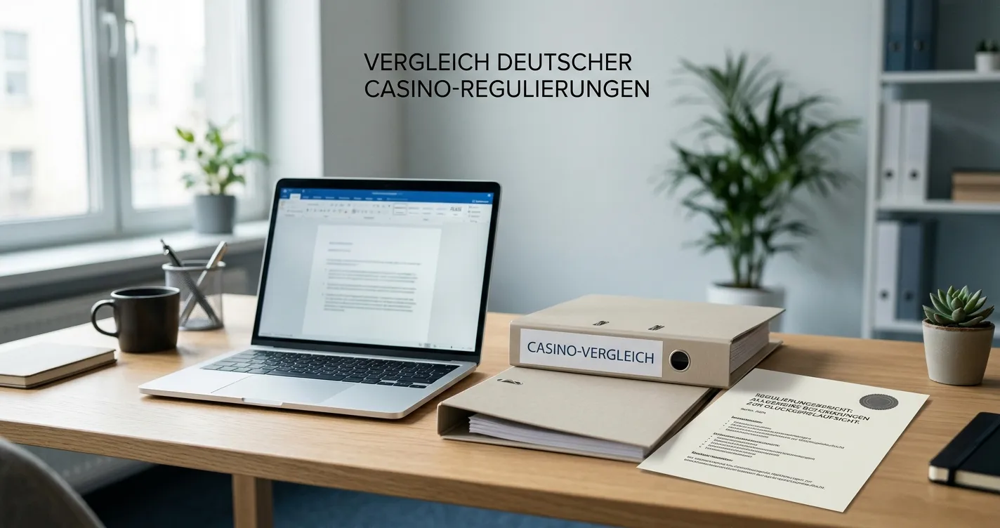 Schreibtisch mit neutralem Casino-Vergleich und deutschem Regelordner