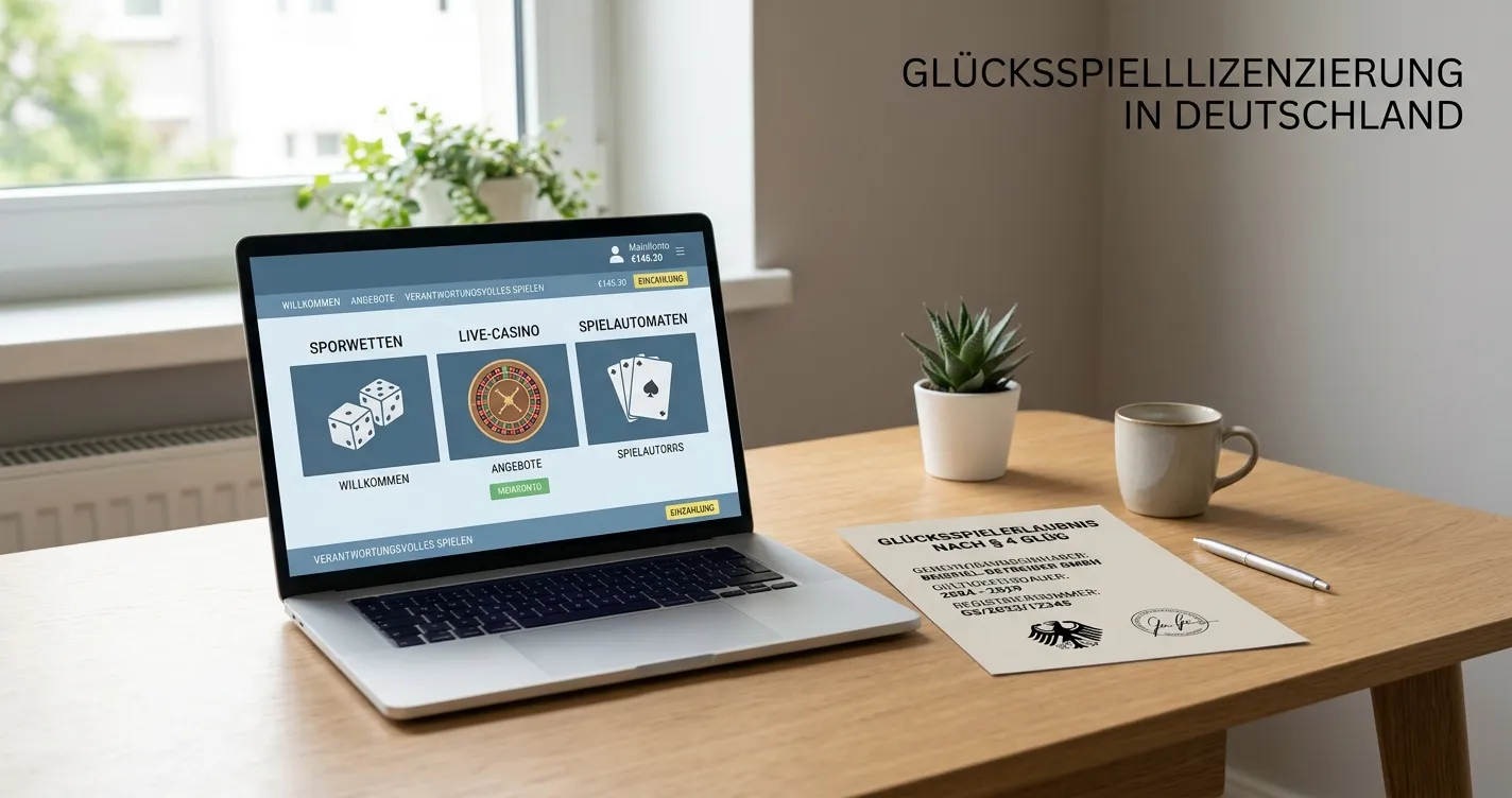 Neutrale Szene mit Laptop und deutschem Erlaubnisdokument für ein Online-Casino