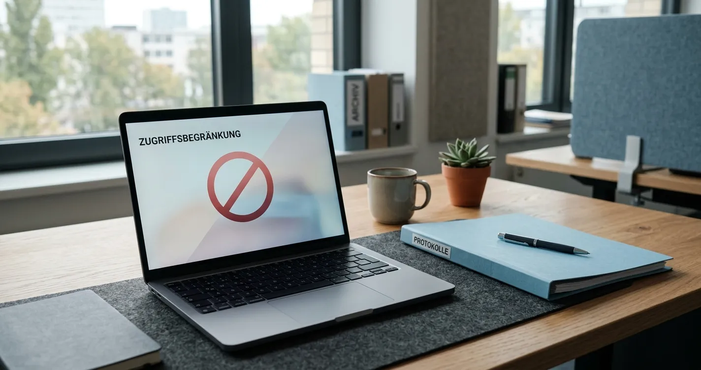 Sachlicher Schreibtisch mit Sperrhinweis und neutralem Laptop ohne Marken
