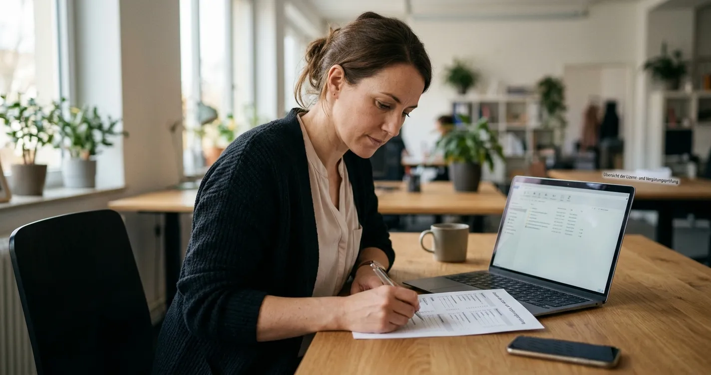 Checkliste mit Domain, Unternehmen, Lizenz und Wohnsitz auf einem Schreibtisch