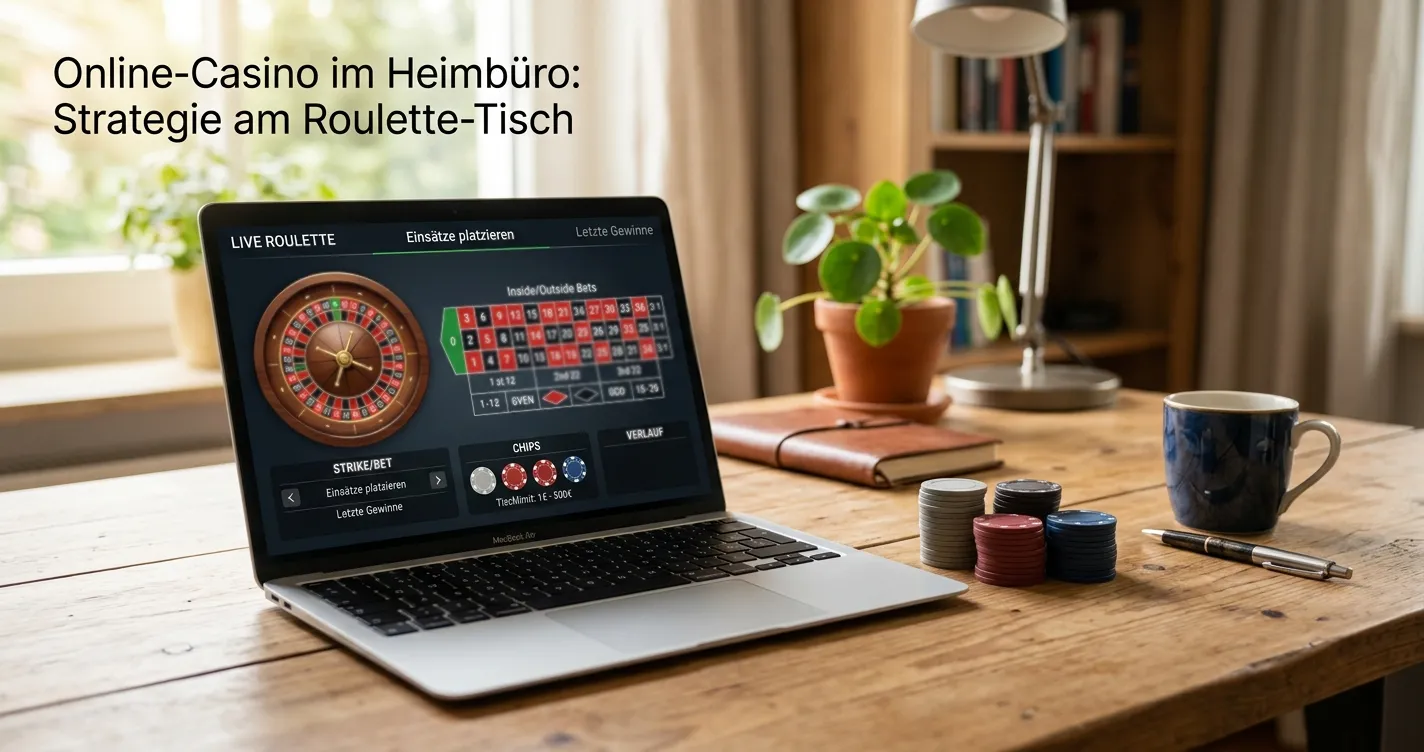 Schreibtisch mit Laptop und symbolischen Casino-Chips ohne Geldscheine