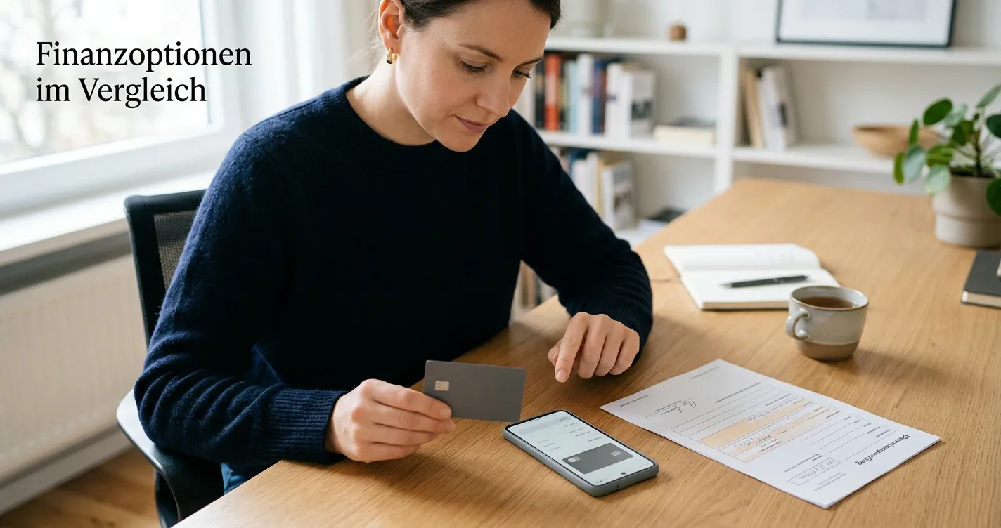 Person vergleicht Bankkarte, Wallet-Hinweis und Banküberweisung auf einem neutralen Schreibtisch