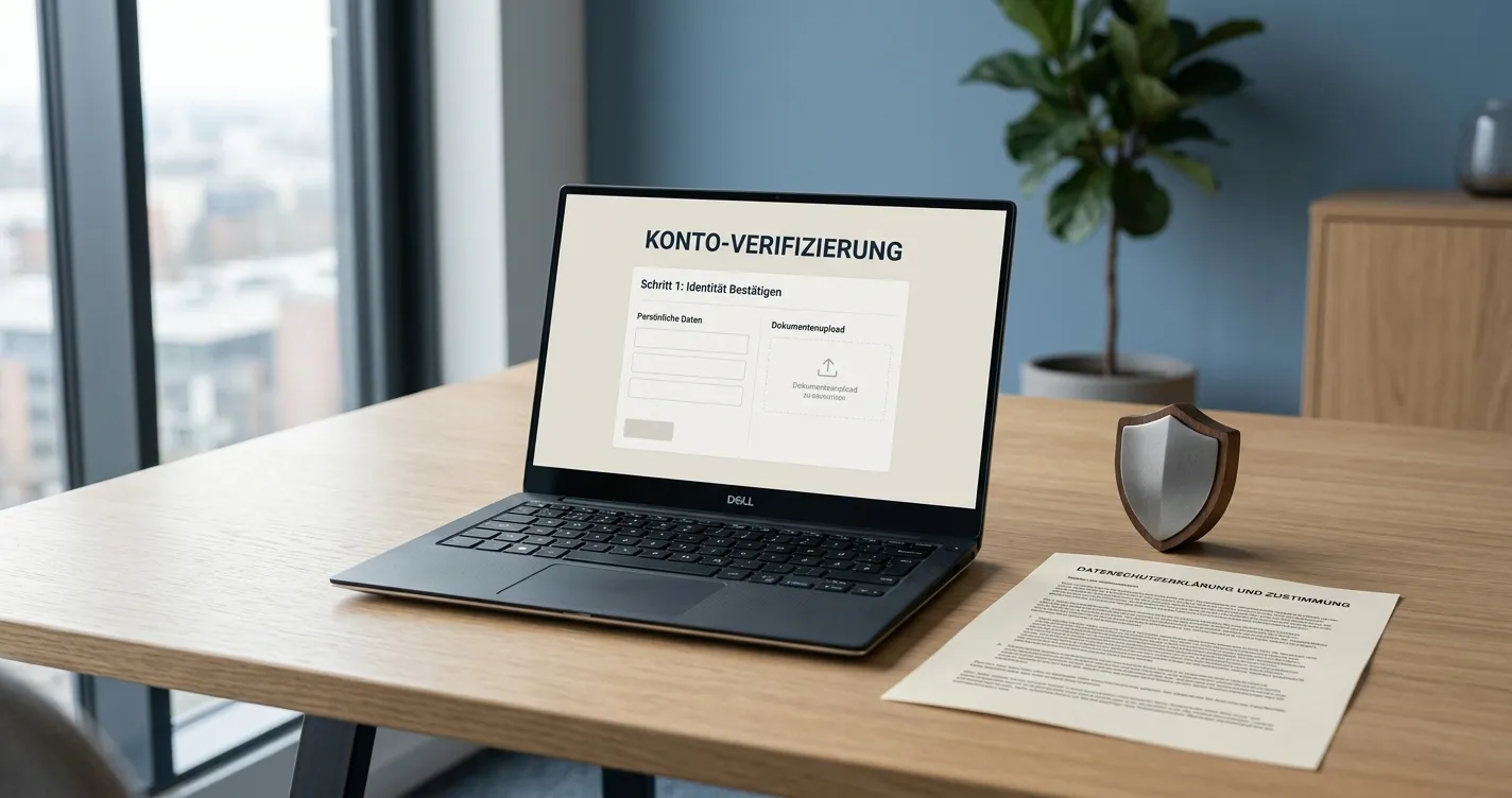 Sachlicher Schreibtisch mit neutralem Lizenzdokument und Laptop ohne Markenlogo
