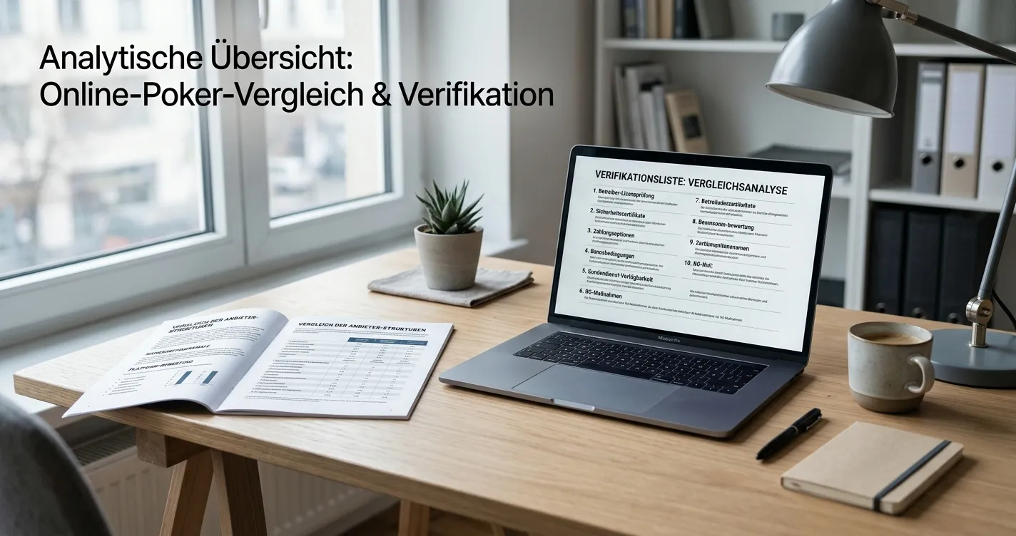 Schreibtisch mit neutralem Pokervergleich und deutscher Erlaubnisprüfung