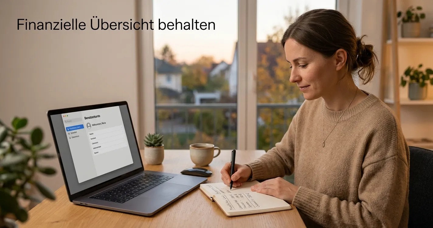 Person mit Notizbuch und neutralem Bildschirm für Einzahlungslimit und Selbstsperre