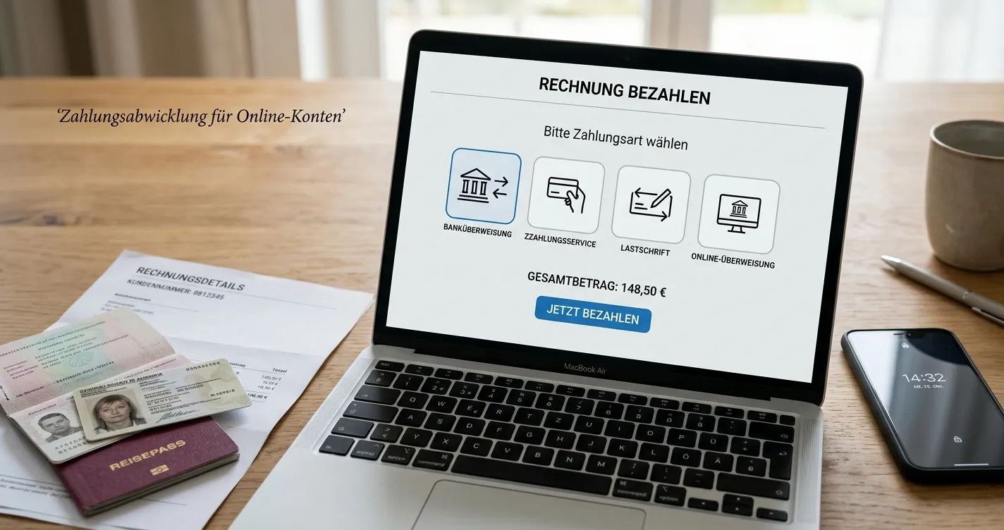 Neutraler Kassenbereich mit Zahlungsmarkierungen und Identitätsprüfungsunterlagen