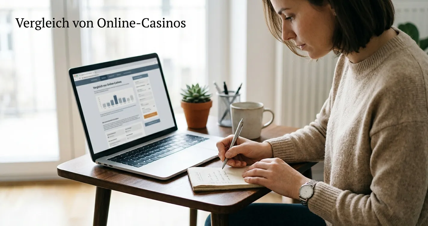 Handgeschriebene Checkliste für Lizenz, Limits, Zahlungen und Spielangebot neben Laptop