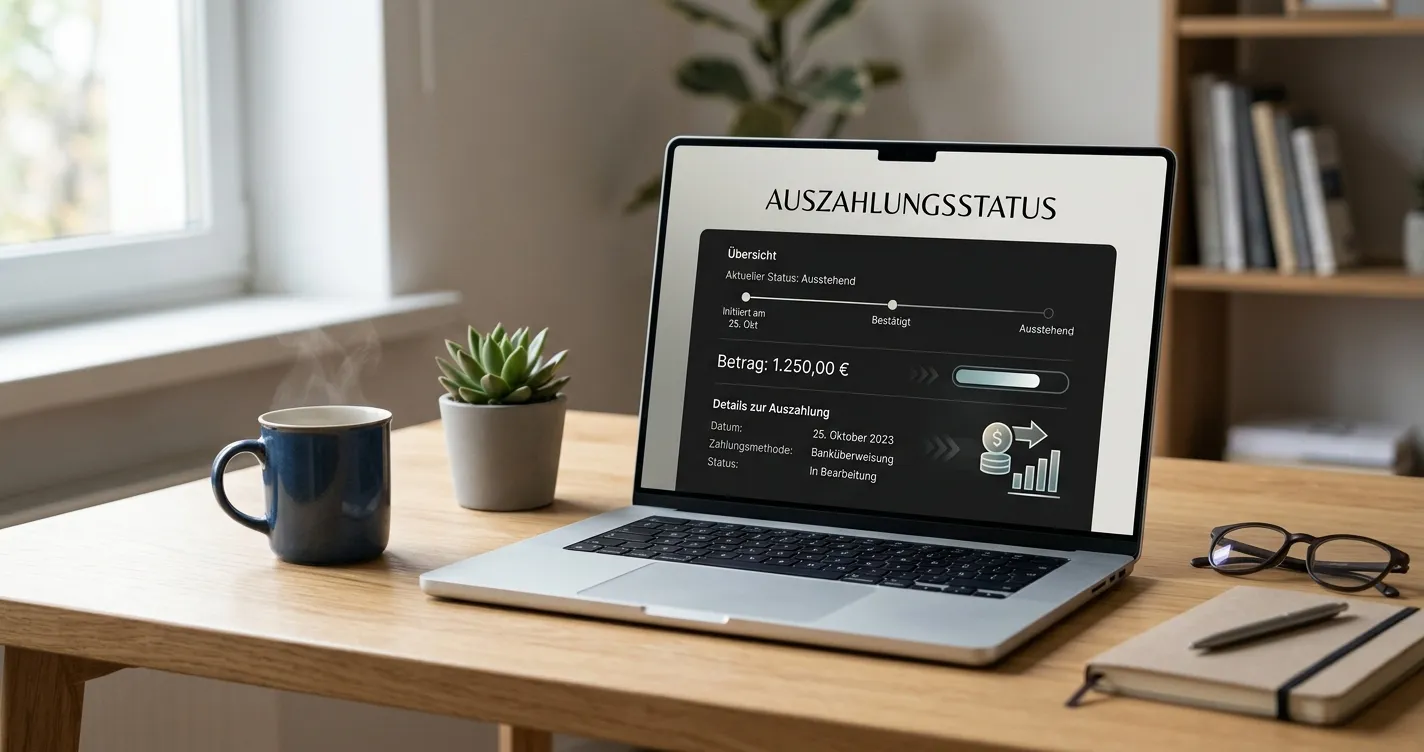 Person prüft Auszahlungsstatus und Zahlungsmethoden an einem Laptop ohne Markenlogos