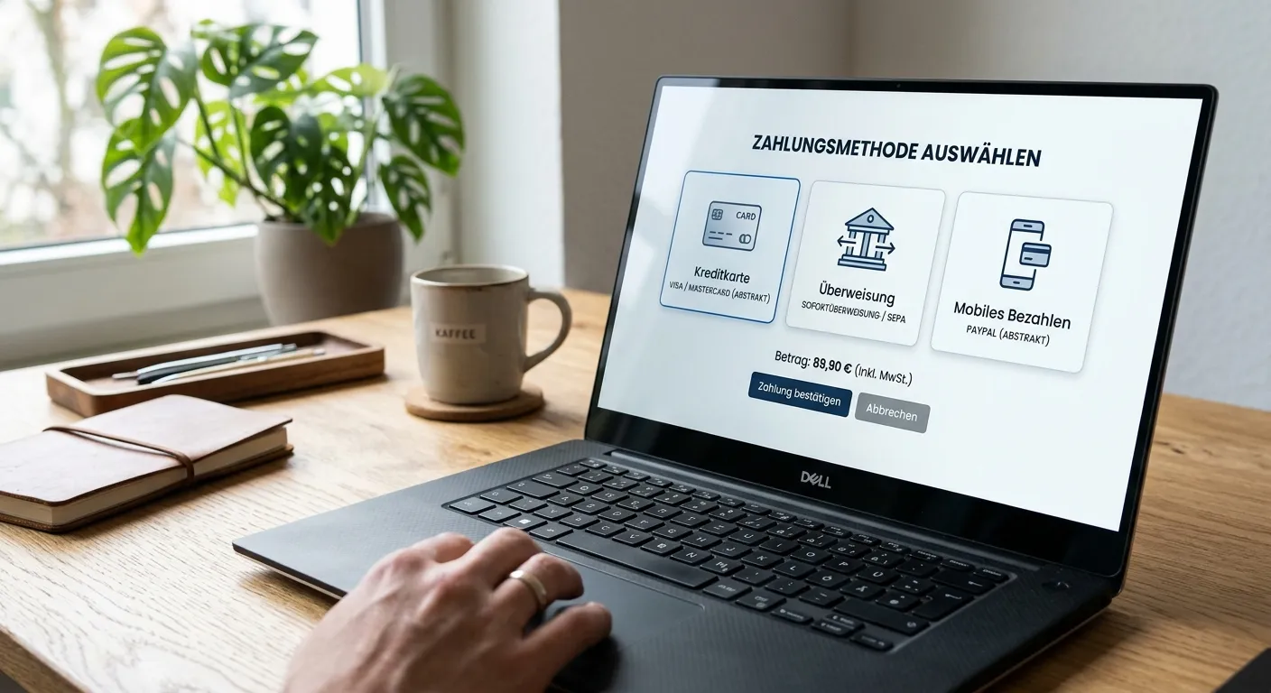 Laptop mit abstraktem Zahlungs-Interface ohne Markennamen
