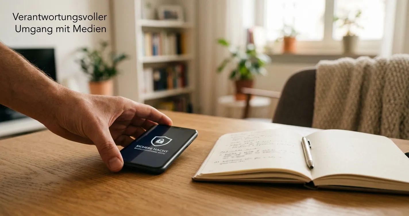 Ruhige Hand legt ein Smartphone mit aktiviertem Schutzmodus neben ein Notizbuch