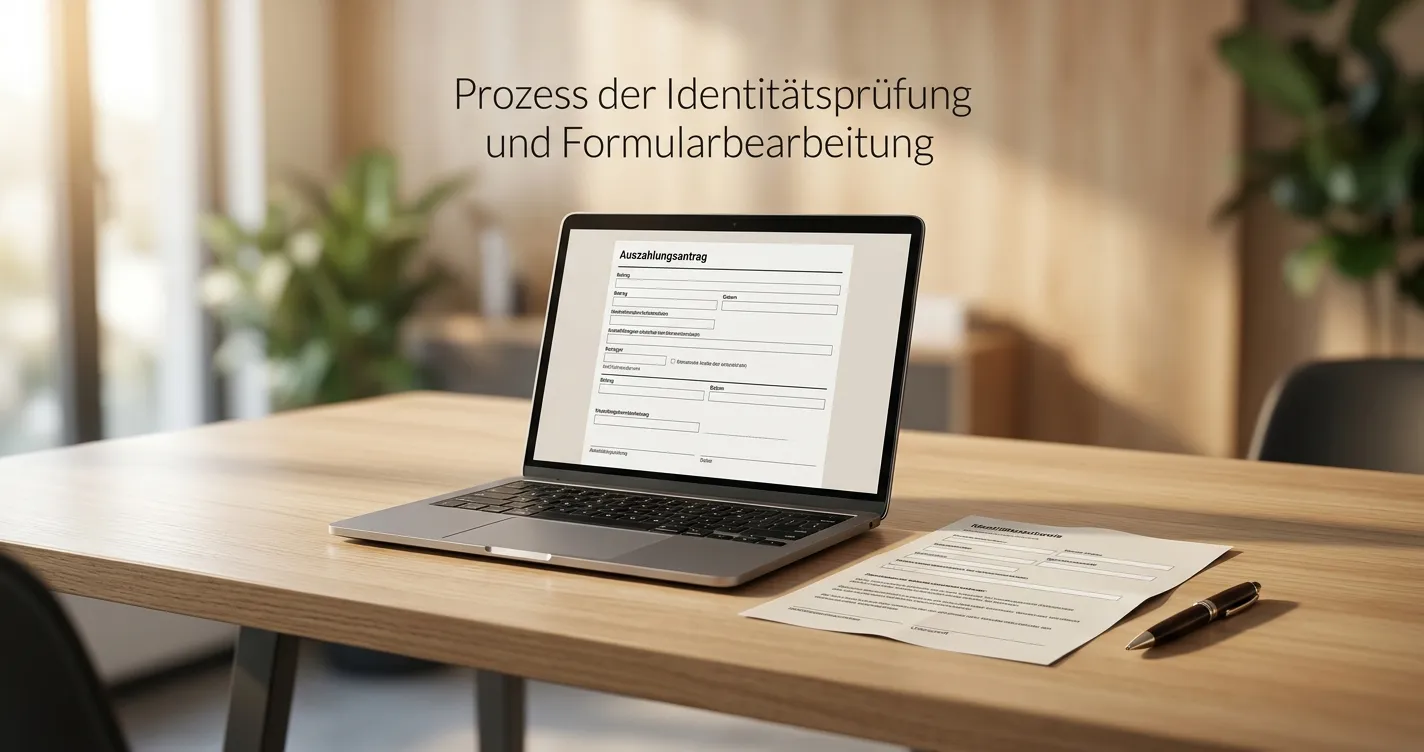 Schreibtisch mit neutralem Auszahlungsformular und sicherem Laptop ohne erkennbare Marken