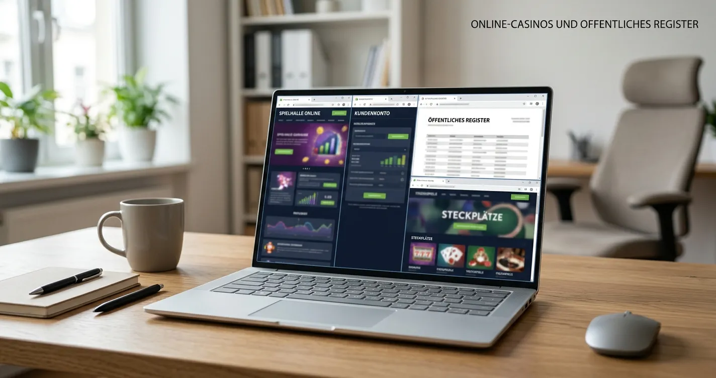 Laptop mit mehreren neutralen Casino-Webseiten und einem geöffneten Registerauszug ohne Logos