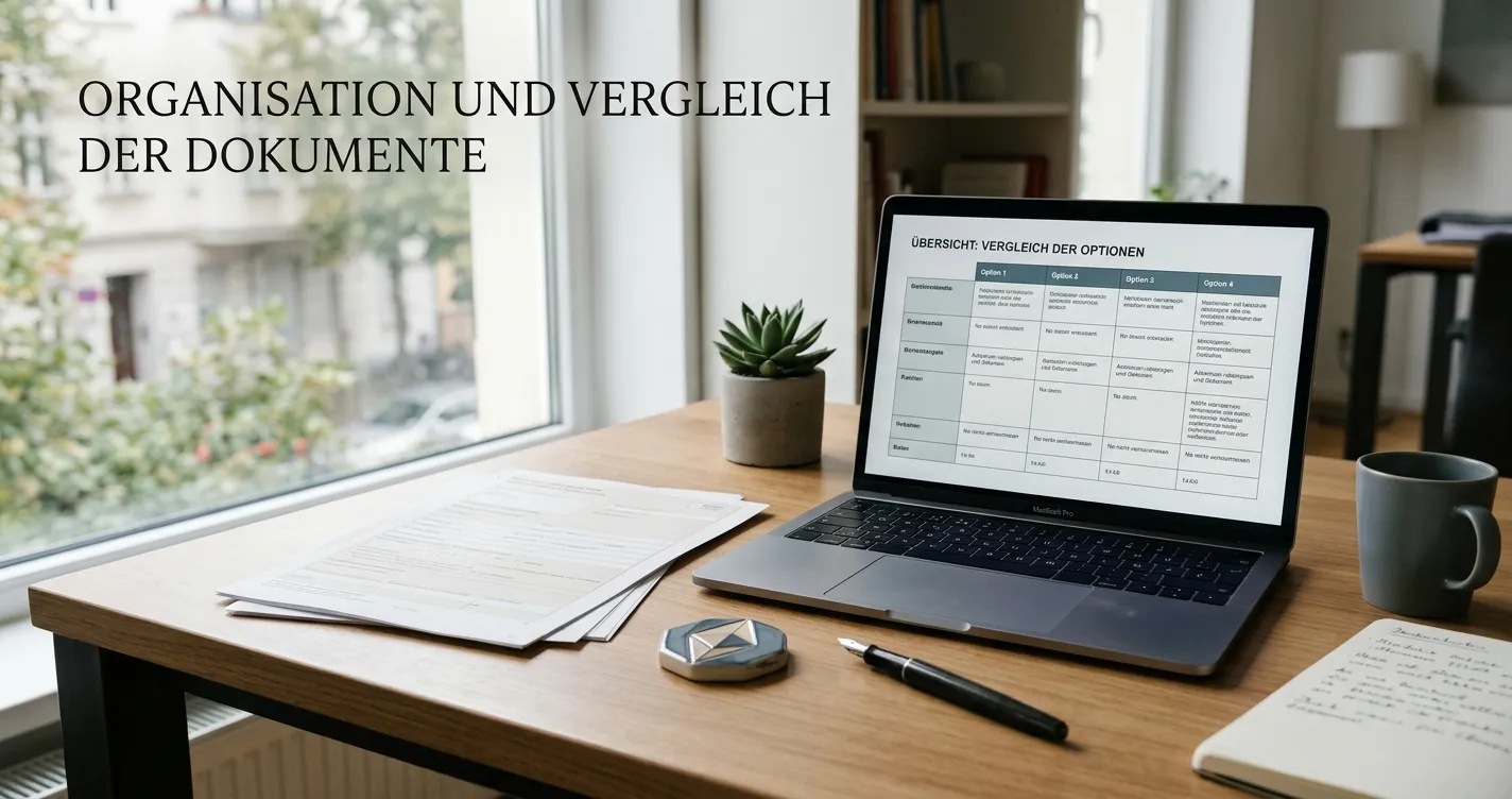 Sachliche Vergleichstabelle mit neutralen Casino-Anbietern und Lizenzunterlagen auf einem Schreibtisch