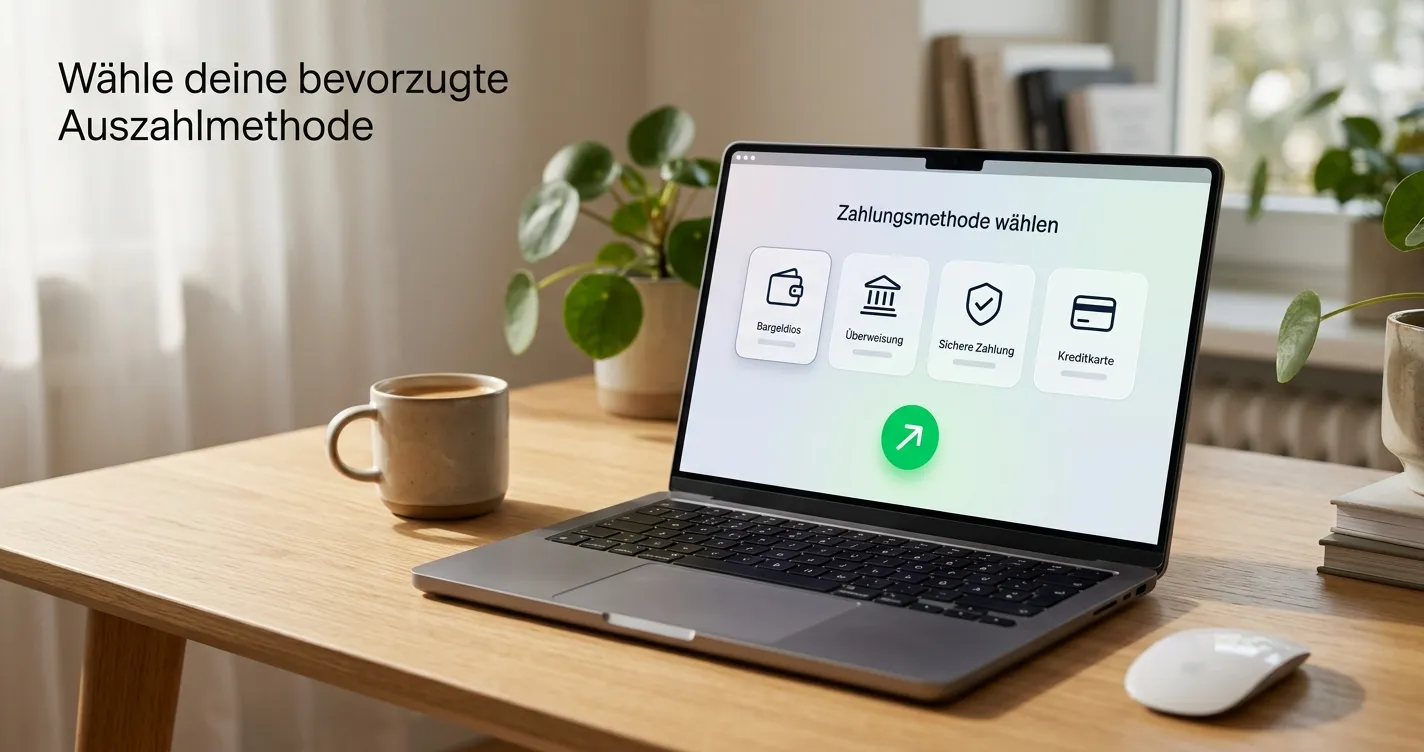 Laptop mit neutralen Symbolen für mehrere Zahlungsmethoden und einem klar markierten Auszahlungsweg