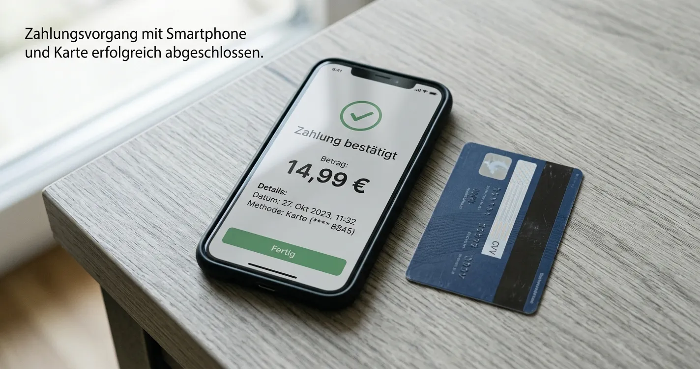Smartphone mit Zahlungsbestätigung und Kreditkarte auf einem Schreibtisch