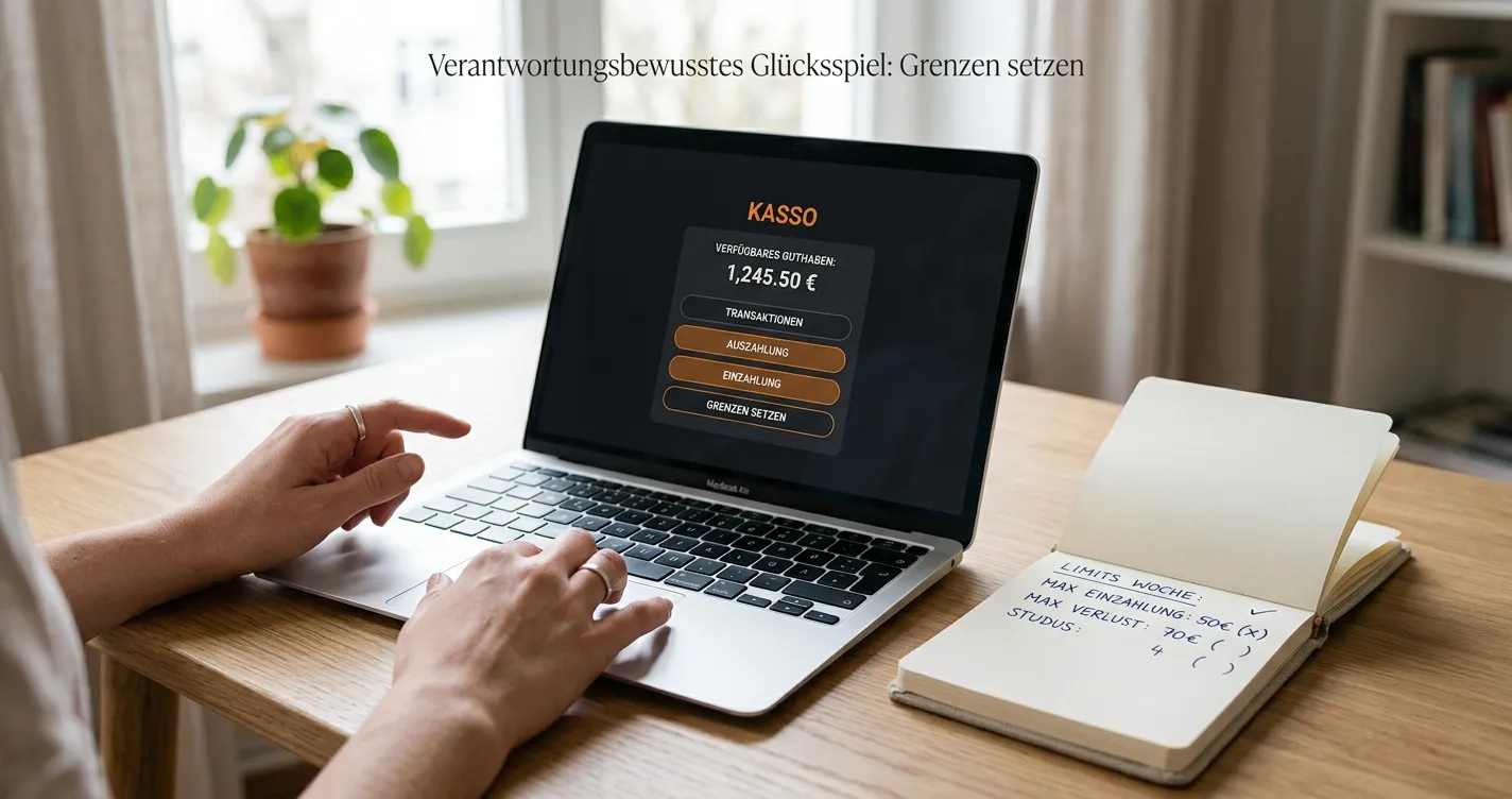 Person prüft eine neutrale digitale Kasse neben Notizblock mit Einzahlungslimit und Prüfhinweisen