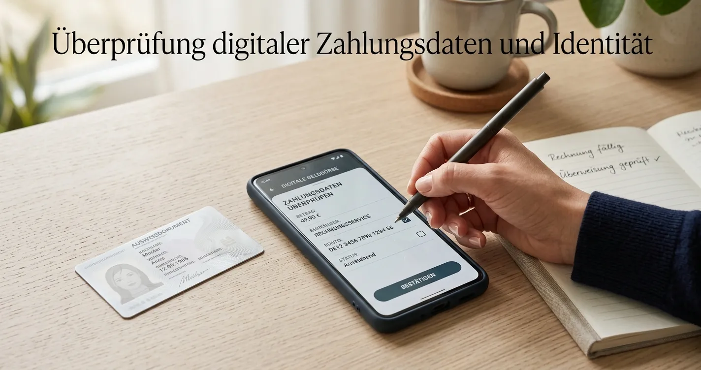 Smartphone, E-Wallet-Symbole und neutraler Identitätsnachweis auf einem hellen Schreibtisch
